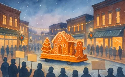 A gingerbread-themed parade float traveling down a warmly lit downtown street with festive winter decorations and holiday crowd silhouettes.