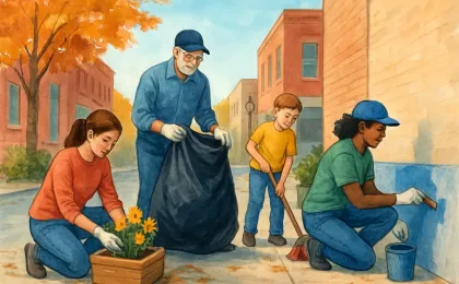 Volunteers coordinating a downtown fall cleanup with litter pickup, landscaping, and painting along an urban alleyway.
