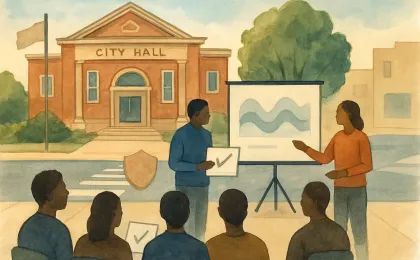 Illustration of a Kansas community planning session focused on road-safety, with a roadway and a webinar-style screen in the background.