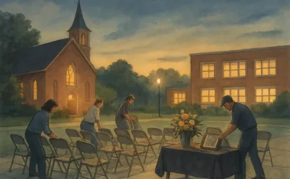 A warm, dusk-lit town courtyard showing a church memorial setup with flowers and folding chairs, representing community remembrance and service.