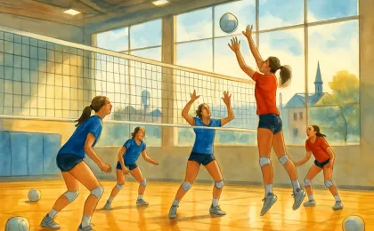 Illustration of a high school gym volleyball match with a net, mid-play athletes, and a bright court scene through windows.