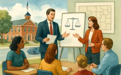 Illustration showing educators meeting with campaigners in a Kansas town civic setting, with a school in the background and neutral symbols representing education and property taxes.