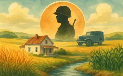An illustrated Kansas creekside farm scene with fields and subtle visual elements representing service and local heritage