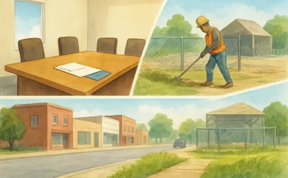 A small-town council meeting scene beside a safe sidewalk and a prepared demolition site.