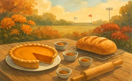 Autumn baking and fall garden atmosphere with pumpkin pie and pumpkin bread cooling on a wooden table.
