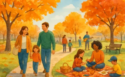 Families enjoying music and fall activities at an autumn park setting