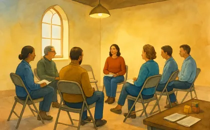 People gathered in a community meeting room, listening at a circle of chairs with a table of neutral informational materials and child-friendly blocks.