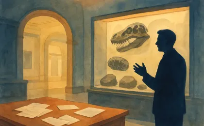 Illustration of a natural history museum interior with a university planning scene and a dimmed entrance area suggesting operational change.