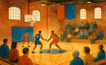 Illustration of a university gym scene with a basketball court and spectators watching preseason-style ranking banners overhead.
