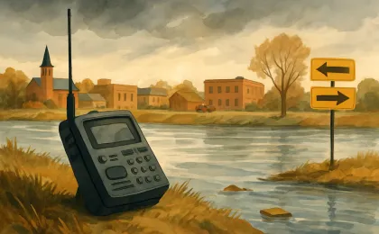 Illustration of the Missouri River near Leavenworth with rising water conditions under an overcast sky and a weather alert radio on a riverbank path.
