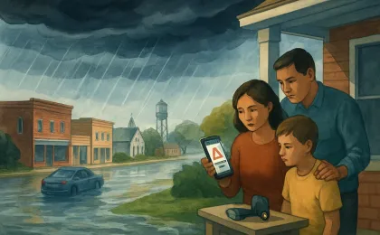 Rain clouds over a Kansas neighborhood with water rising near low ground and residents checking emergency weather information on a phone.