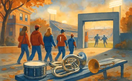 An illustrated stadium evening homecoming scene with fans and marching band instruments outside the gates.
