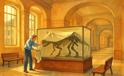 Illustration of a natural history museum exhibit area preparing for public closure, with covered display cases and a careful cleanup scene