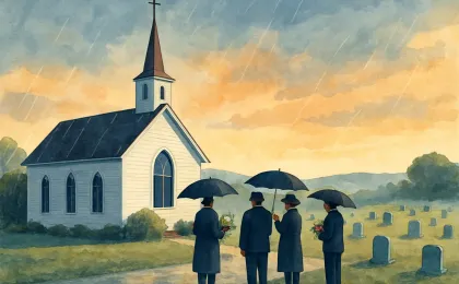 A respectful illustration of a Kansas community church at dawn and a quiet cemetery landscape for a memorial service.