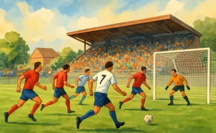 Original illustration showing a community college soccer team sprinting toward the goal during a second-half push.