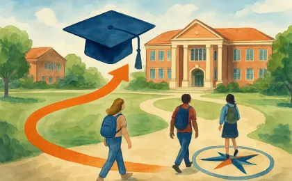 Students in a campus courtyard follow a visual path indicating a faster route from community college study to a bachelor’s degree.
