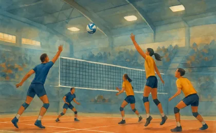 An indoor volleyball court scene with a net overhead lights and players reaching for the ball.