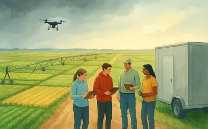 Researchers and students observe irrigated crop plots with irrigation lines and a hovering drone as rain clears over a farm field.
