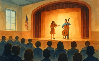 Warm-lit middle school auditorium stage with two string performers and an audience of students and families