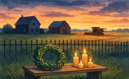 Rural Kansas farmhouse and fields at dusk with a wreath near a cemetery fence for remembrance.
