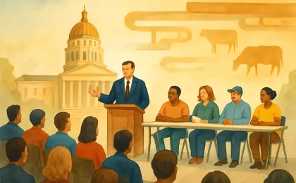 A town-hall meeting scene with workers and a state leader addressing a community, with subtle industry cues in the background.