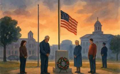 A respectful community scene with flags at half-staff and a memorial wreath near a simple stone monument in Kansas.