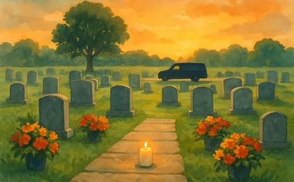 Flowers and a candle at a calm cemetery path near a tree line during golden hour.