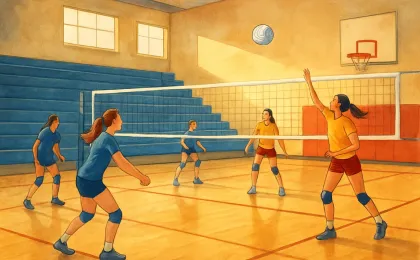 A generic gym scene showing high-school volleyball teams practicing around a volleyball net with empty bleachers in the background.