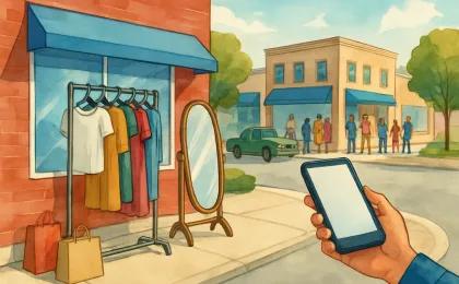 An illustration of two storefronts and online shopping activity representing a growing boutique business in Kansas.