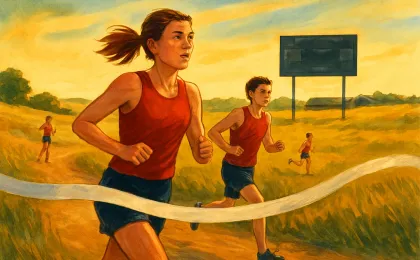 An illustration of high school cross country runners racing toward a finish on a rural Kansas trail at golden hour.