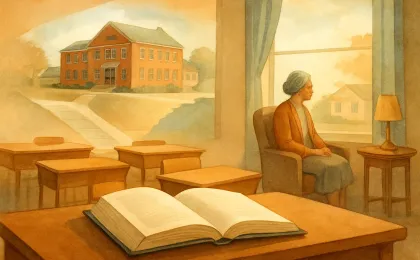 Illustration of a teacher’s desk with an open book and a respectful classroom-to-community learning scene under warm light.