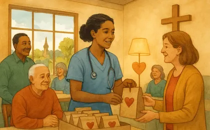 A nurse and community members in a welcoming church setting, showing care and support for cancer patients.