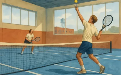 Illustration of a high school tennis match on a Wichita-style indoor court with players rallying near the net.
