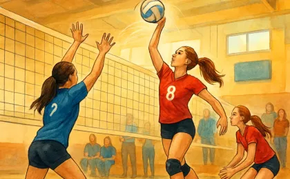 Indoor high school volleyball scene with players diving near the net and fans watching in the background