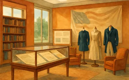 Artist’s illustration showing a library exhibit table with historical display elements and uniform garments for visitors to view.