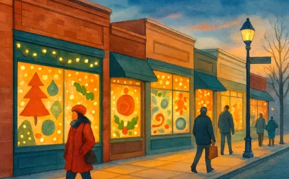 A warm-lit downtown street with creative holiday-decorated storefront windows and pedestrians strolling at dusk