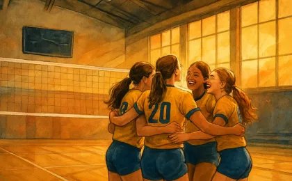 Illustration of a celebratory high school volleyball team on an indoor court near a net, with evening light and motion lines.
