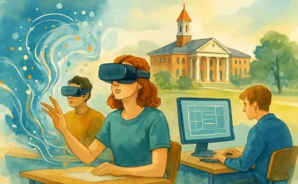 Students in a classroom exploring immersive technology with a university-style building in the background