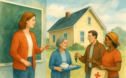 Community members help a teacher with meals, rides, and home improvements during cancer recovery, with a classroom scene in the background