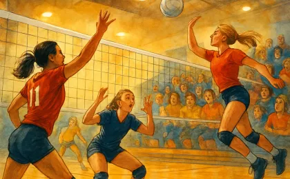 Illustration of a high school volleyball match with a setter preparing to play and an energetic crowd in the stands.