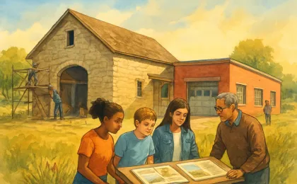 Community members gathered outdoors near a restored historic barn building, with learning materials and construction elements suggesting rehabilitation for public education.