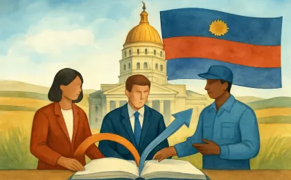 A civic illustration showing a government building silhouette and three community figures reviewing an investment ledger with flowing arrow paths over a Kansas prairie background.