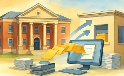 An illustration showing county records moving from paper files into an updated software-style computer interface.