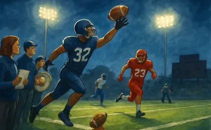 Illustration of a high school football game with an interception and touchdown run under stadium lights.