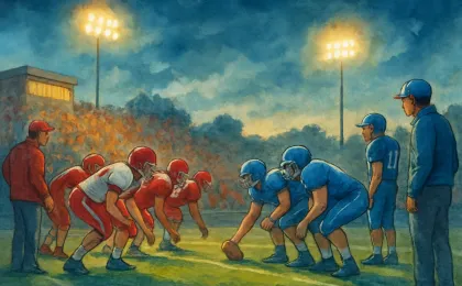 Kansas high school football rivalry scene under stadium lights with two teams on opposite sidelines