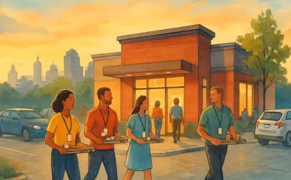 Community members arriving for work at a new fast-casual restaurant in a Kansas city parking lot, suggesting a fresh local business opening.