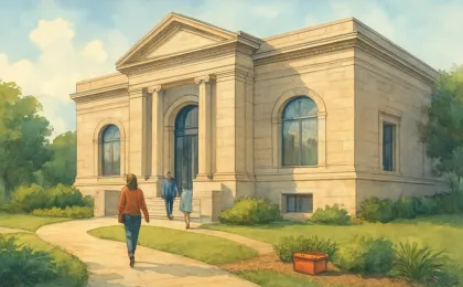 Illustration of a natural history museum building exterior in daylight with visitors approaching and quiet maintenance planning elements near an entrance.