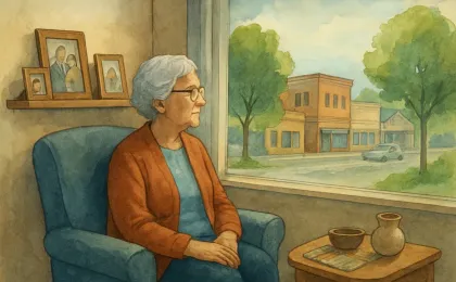 A thoughtful illustration of an elderly woman reflecting in a cozy home with family keepsakes and a peaceful town view outside the window.
