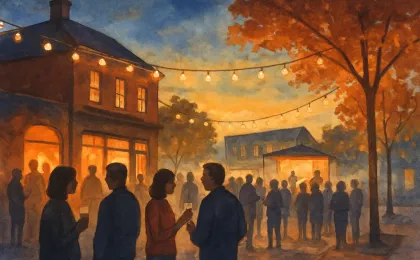 Warm evening illustration of a community festival outside a small pub with string lights and gathered people.