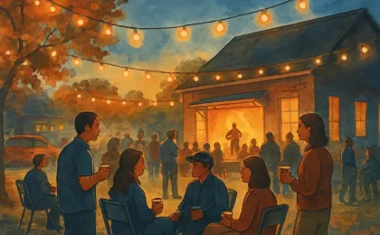 Evening festival illustration with warm lights and a community gathering outside a pub-like building